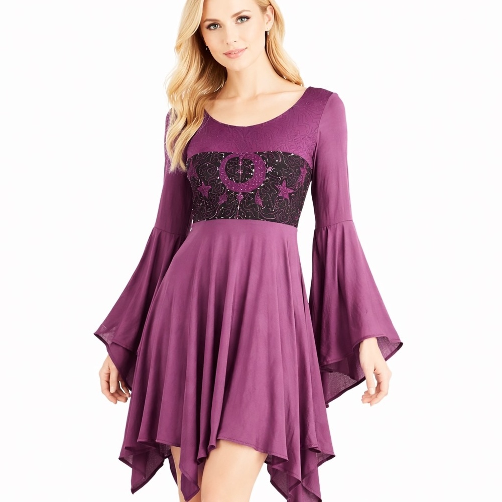 Purple Gothic Boho Dress Moon & Stars, Lace-up back- Handkerchief Hem Size S
